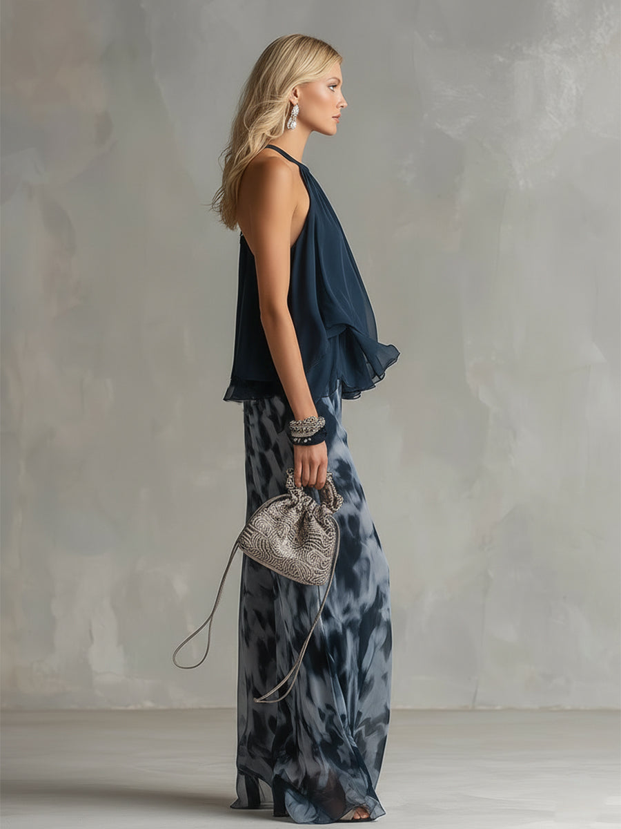 Ludovica - Conjunto elegante de blusa de cuello alto y pantalones estampados
