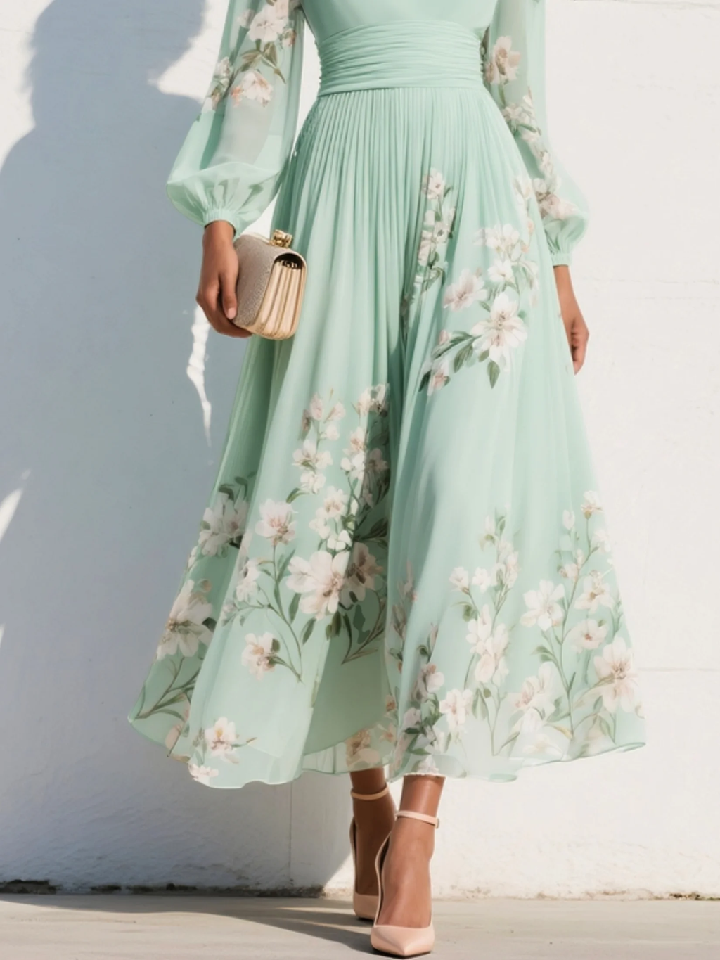 Isa - Vestido largo de gasa verde menta con estampado floral