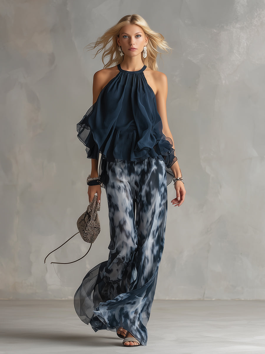 Ludovica - Conjunto elegante de blusa de cuello alto y pantalones estampados
