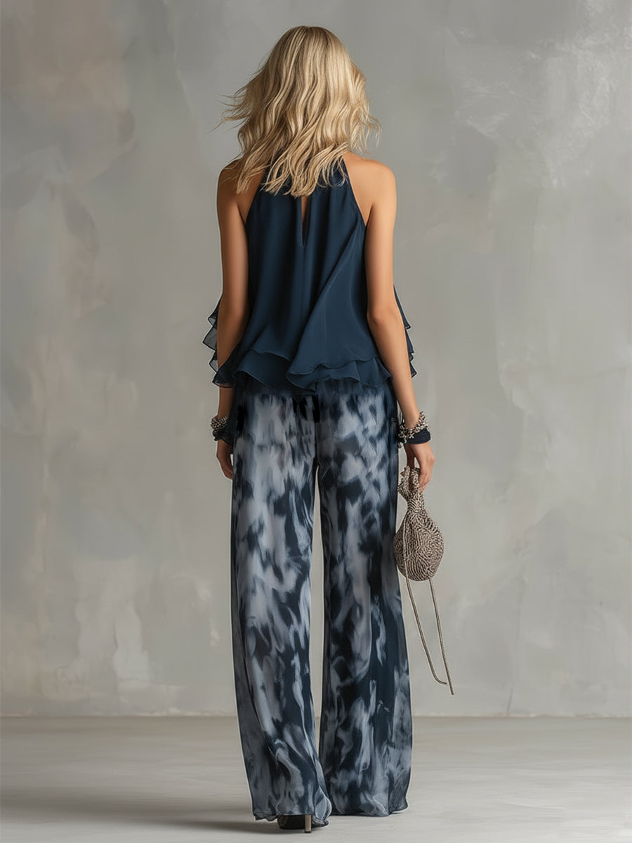 Ludovica - Conjunto elegante de blusa de cuello alto y pantalones estampados