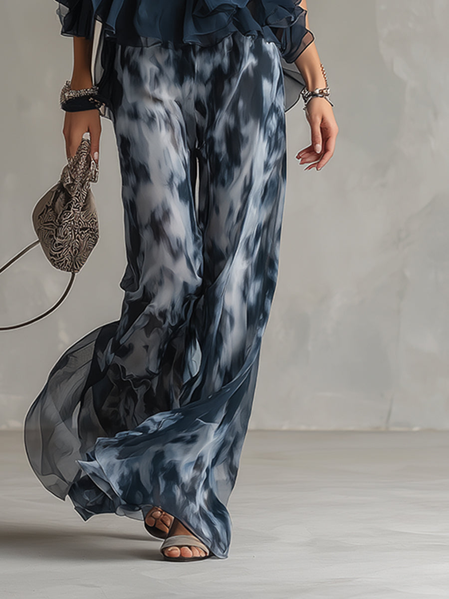 Ludovica - Conjunto elegante de blusa de cuello alto y pantalones estampados