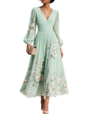 Isa - Vestido largo de gasa verde menta con estampado floral