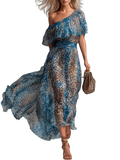 Selvaggia - Vestido largo de gasa con estampado de leopardo y hombros al aire