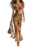 Violeta - Vestido largo de gasa naranja con estampado al óleo de estilo bohemio