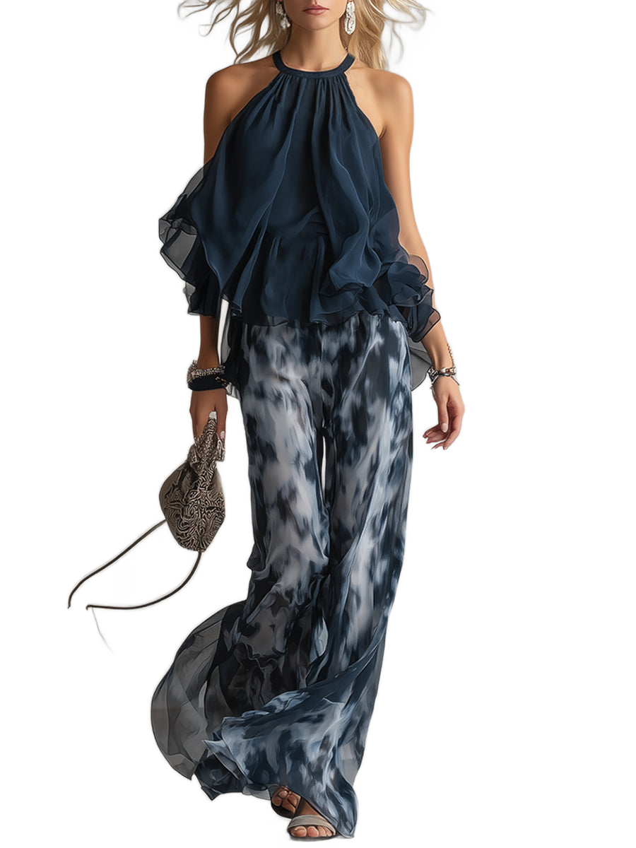 Ludovica - Conjunto elegante de blusa de cuello alto y pantalones estampados