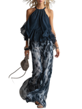 Ludovica - Conjunto elegante de blusa de cuello alto y pantalones estampados